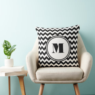 Cojín Decorativo Monograma de Chevron en Blanco y Negro Moderno