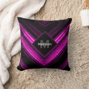 Cojín Decorativo Monograma de Chevron negro rosa caliente metálico 