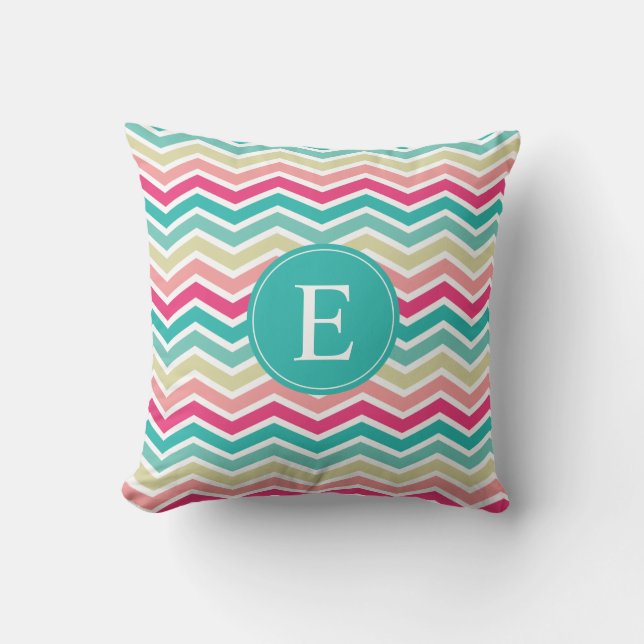 Cojín Decorativo Monograma de Chevron Turquesa Rosa (Anverso)
