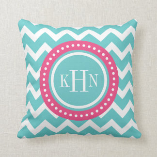 Cojín Decorativo Monograma de chevron turquesa y rosa