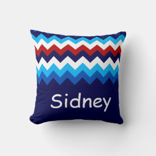 Cojín decorativo Monograma de Chevrons Azules Rojo