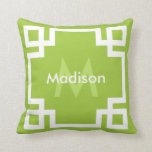 Cojín Decorativo Monograma de clave griega blanca y verde lima<br><div class="desc">almohada de patrón de clave griega en verde limón y blanco. Una moda,  moderna,  moderna,  con un nombre de personalizable y una plantilla de monograma.</div>