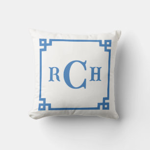 Cojín Decorativo Monograma de clave griega de la Chinoiserie azul c