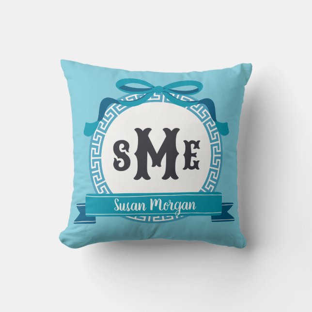 Cojín Decorativo Monograma de clave griega profunda azul Aqua (Anverso)