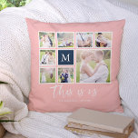 Cojín Decorativo Monograma de color editable Este es el Collage de<br><div class="desc">Una almohada monográfica con las palabras "este somos nosotros" en un guión elegante con 8 fotos cuadradas dispuestas en una rejilla con un borde blanco alrededor de ellos en el frente y en el reverso, lo que hace que 16 fotos en total puedan ser reemplazadas con sus propias fotos todo...</div>