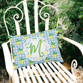 Cojín Decorativo Monograma de comprobación blanca azul de los lemas