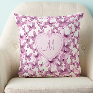 Cojín Decorativo Monograma de corazón mariposa rosa