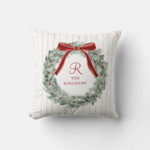 Cojín Decorativo Monograma de Corona de Lazo Rojo de Navidad Vintag
