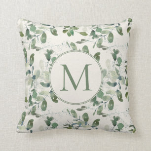 Cojín Decorativo Monograma de crema con hojas de eucalipto verde sa