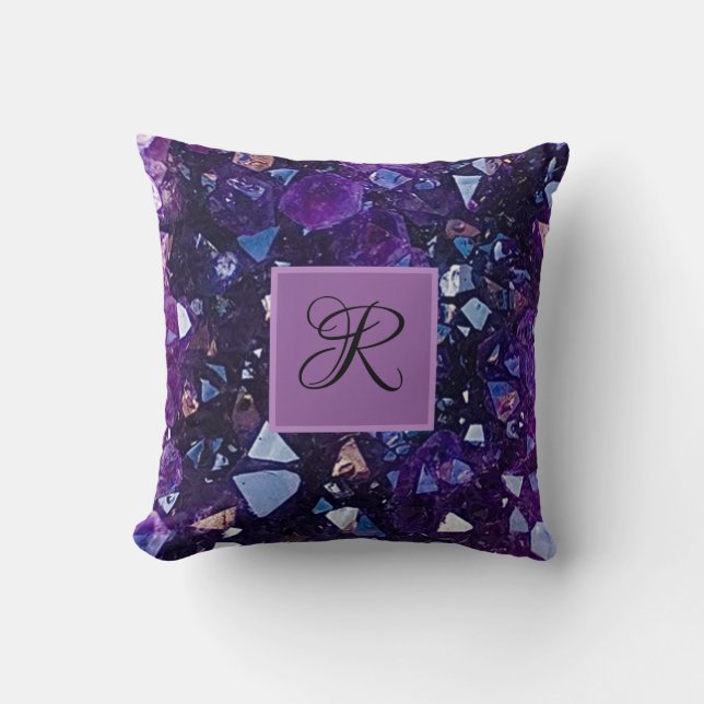 Cojín Decorativo Monograma de cristal de cuarzo púrpura (Anverso)