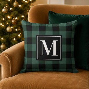 Cojín Decorativo Monograma de Cuadro Escocés Búfalo Verde Pino Rúst