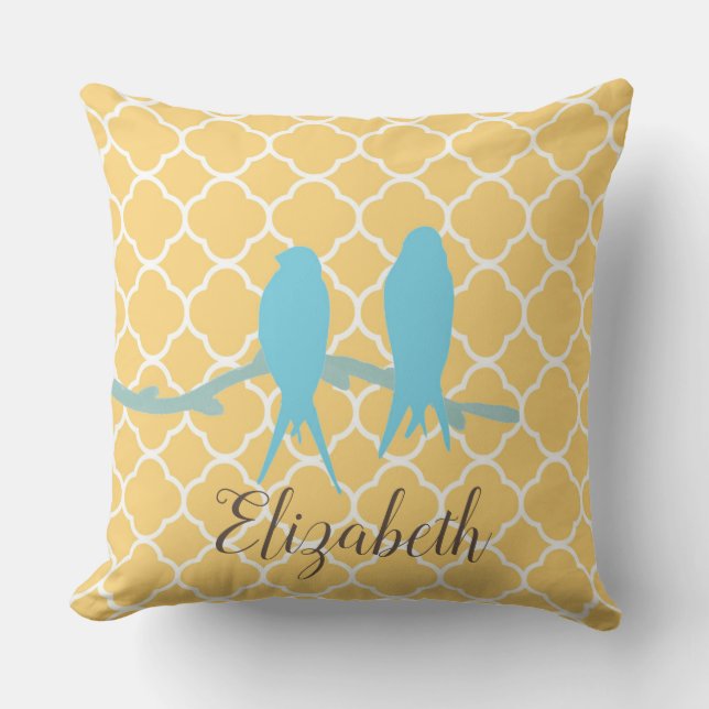 Cojín Decorativo Monograma de cuatrefoil de ave azul blanco pintado (Anverso)