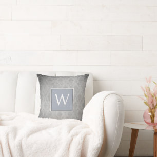 Cojín decorativo Monograma de Damasco Azul Vintage