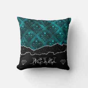 Cojín Decorativo Monograma de damasco con gradiente de azul verde y