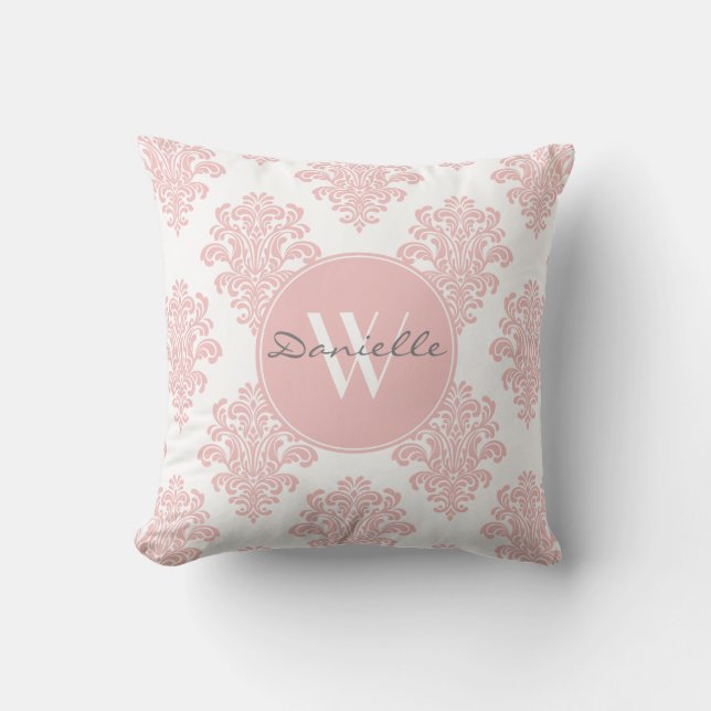 Cojín Decorativo Monograma de damasco rosado Girona (Anverso)