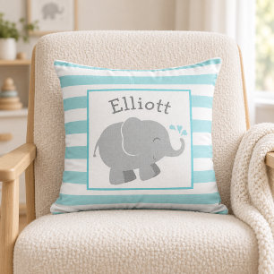 Cojín Decorativo Monograma de elefante gris y aqua moderno