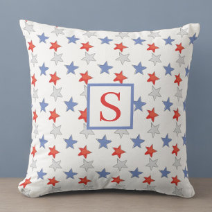 Cojín Decorativo Monograma de Estrella Patriótica   Americana Rojo 