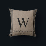 Cojín Decorativo Monograma de estribo de tira rústica de granja<br><div class="desc">Rústica Granja Tachando Stripe Burlap Monograma Borgoña Trazpe. La almohada está personalizada con su Monograma y su nombre. La almohada es un regalo muy atento para los años venideros. Nuestra plantilla de alta calidad facilita el personalizar de su almohada. Si desea hacer más personalizares, utilice el enlace "personalizar adicional". La...</div>