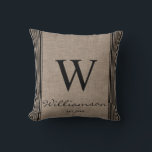 Cojín Decorativo Monograma de estribo de tira rústica de granja<br><div class="desc">Rústica Granja Tachando Stripe Burlap Monograma Borgoña Trazpe. La almohada está personalizada con su Monograma y su nombre. La almohada es un regalo muy atento para los años venideros. Nuestra plantilla de alta calidad facilita el personalizar de su almohada. Si desea hacer más personalizares, utilice el enlace "personalizar adicional". La...</div>