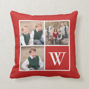 Cojín Decorativo Monograma de familia de Collages de fotos rojo y b