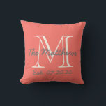 Cojín Decorativo Monograma de familia de crema de coral<br><div class="desc">almohada monogramada de texto gris y crema personalizada con su nombre familiar y apellido fecha inicial y boda en un diseño de superposición tipográfica sobre un fondo de coral. Elke Clarke© para MonogramGallery en Zazzle. Hace un gran regalo para los recién casados. Ideal para tu dormitorio, silla favorita, como decoración...</div>
