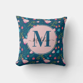Cojín Decorativo Monograma de Flor de Mariposa Rosa Azul Chic