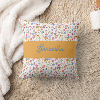 Cojín Decorativo Monograma de Flor Silvestre Acuarela Azul Púrpura 