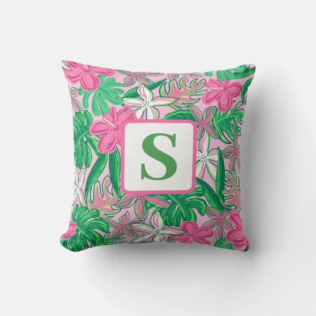 Cojín Decorativo Monograma de flor tropical Pink White Green Preppy (Anverso)