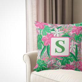 Cojín Decorativo Monograma de flor tropical Pink White Green Preppy