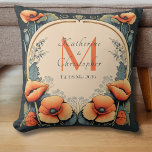 Cojín Decorativo Monograma de floral de cosecha recién casada Poppy<br><div class="desc">Este nuevo Cojín decorativo de Monograma Floral Vintage presenta adornos naranjas brillantes con tallos verdes sobre un fondo verde oscuro, enmarcado por un Personalizado Monograma Inicial, Nombres de Parejas y Fecha Boda sobre un fondo de color beige. Las obras de arte son de estilo Art Nouveau, con delicadas rocas y...</div>