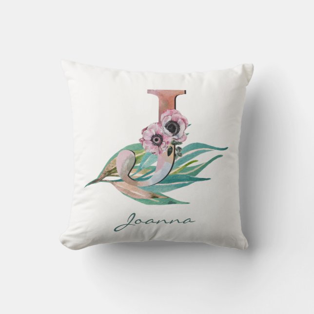 Cojín Decorativo Monograma de floral J letra acuarela personalizado (Anverso)