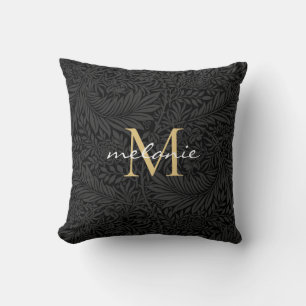 Cojín Decorativo Monograma de Floral Negro Elegante con Letra de Or
