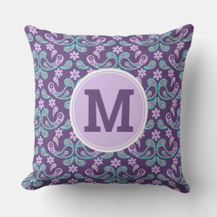 Cojín Decorativo Monograma de flores Paisley morado y azul Chic Sha