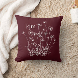 Cojín Decorativo Monograma de flores silvestres granate y blanco