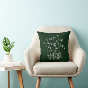 Cojín Decorativo Monograma de flores silvestres verdes oscuras y bl
