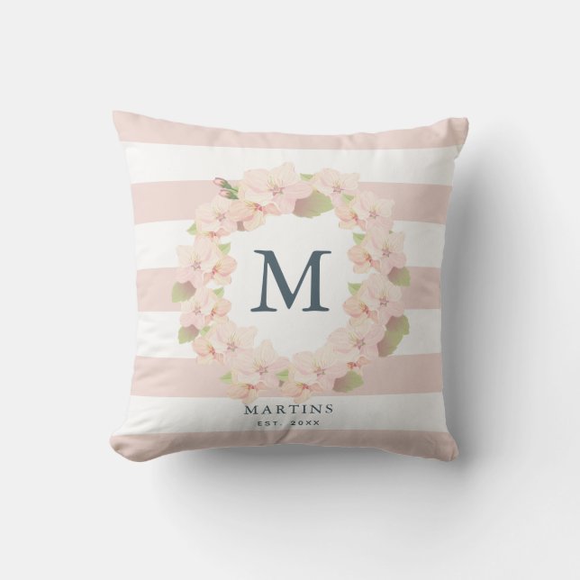 Cojín Decorativo Monograma de franja de guirnalda de cerezo rosa (Anverso)