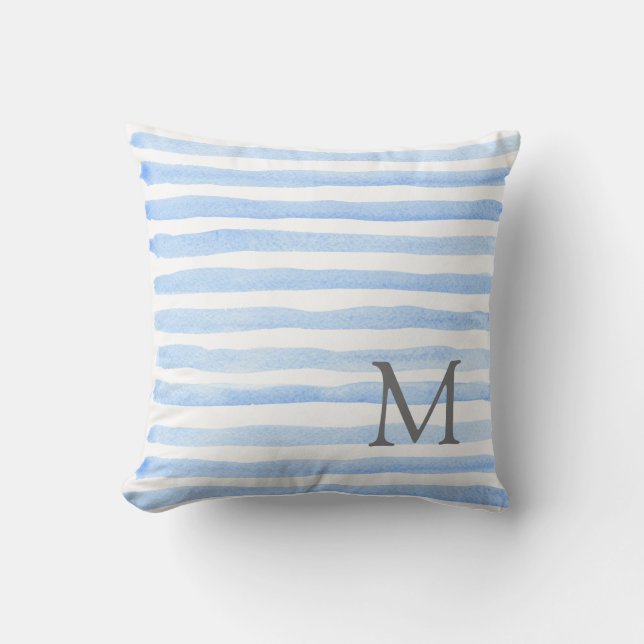 Cojín decorativo Monograma de franjas azules y bla (Anverso)