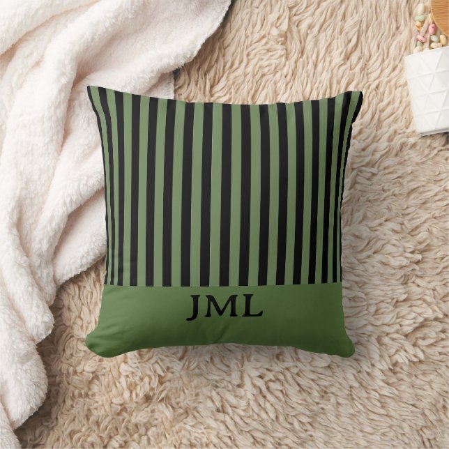 Cojín Decorativo Monograma de franjas verde oscuro y negro de estil (Manta)