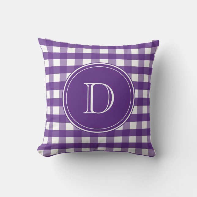 Cojín Decorativo Monograma de Gingham púrpura y blanca (Anverso)