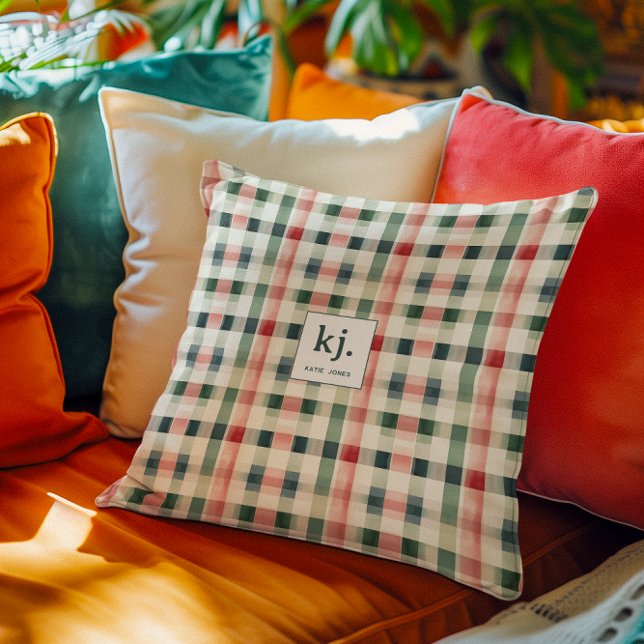 Cojín Decorativo Monograma de Gingham Verde Suave (Subido por el creador)