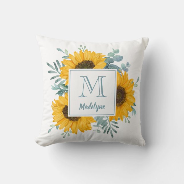 Cojín Decorativo Monograma de girasol nombre floral personalizado (Anverso)