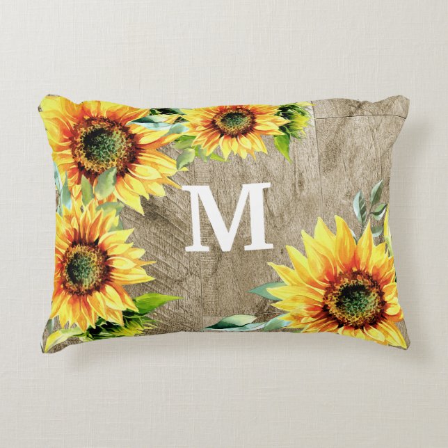 Cojín Decorativo Monograma de girasoles amarillos de madera rústica (Anverso)