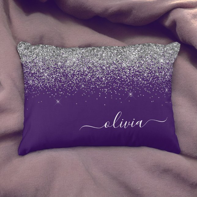 Cojín Decorativo Monograma de Girly Glam Purpurina de Plata Púrpura (Subido por el creador)