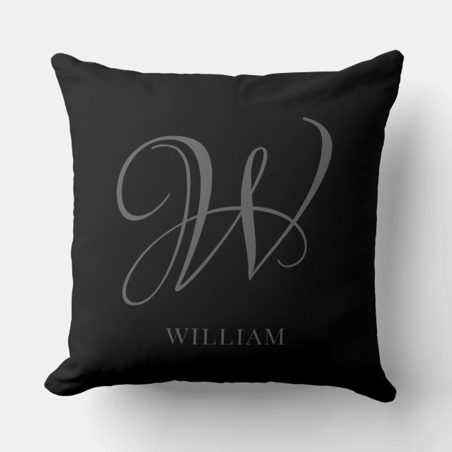 Cojín Decorativo Monograma de gris negro personalizado inicial (Anverso)