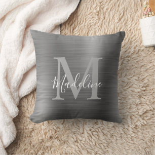 Cojín Decorativo Monograma de gris plateado metálico cepillado mode