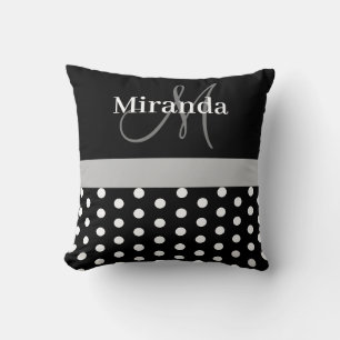 Cojín Decorativo Monograma de guión de lunares gris negro blanco