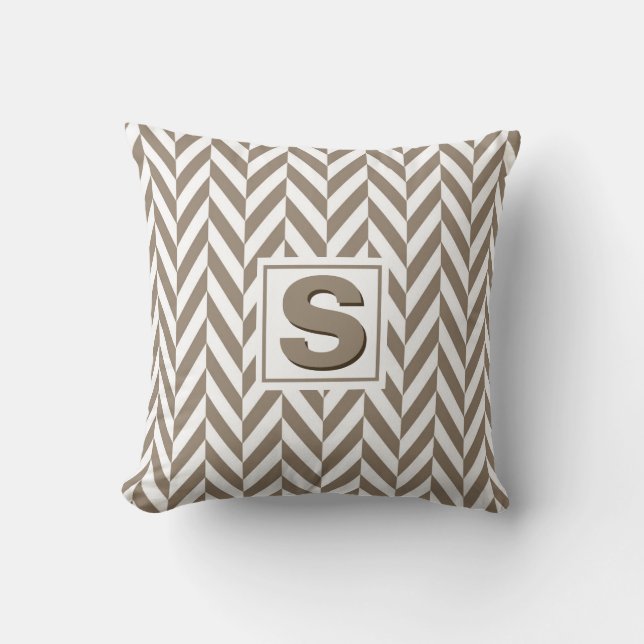 Cojín Decorativo Monograma de Herringbone Blanco Tan (Anverso)