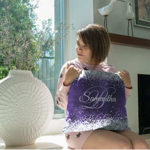 Cojín Decorativo Monograma de Hoja de Plata Brillante Violeta Oscur