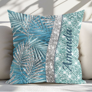 Cojín Decorativo Monograma de hojas brillantes de color verde azula