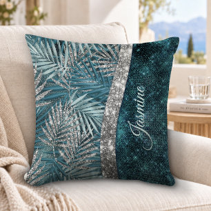 Cojín Decorativo Monograma de hojas brillantes de turquesa elegante